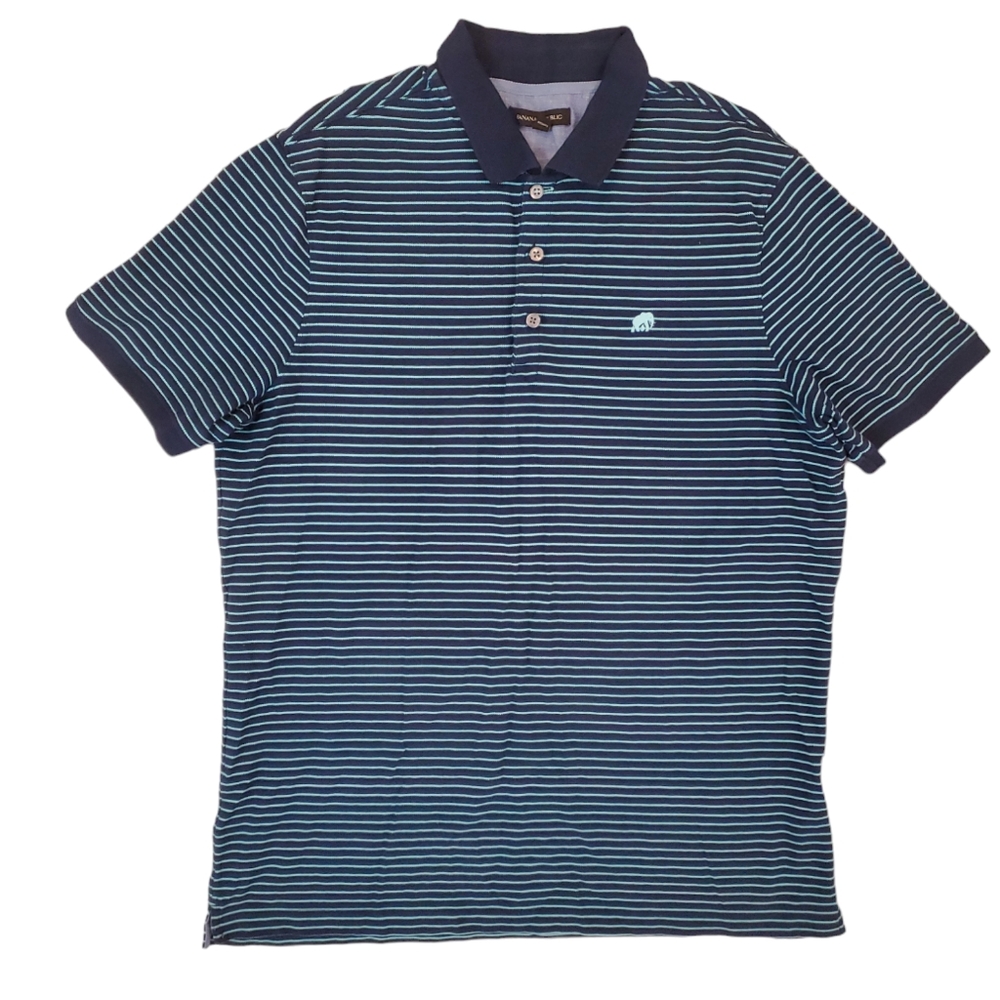 Banana Republic Men's Dark Blue & Teal Striped Polo Shirt Short‎ Sleeve XL